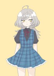 Rule 34 | 1girl, adapted costume, ahoge, arms at sides, assault lily, black shirt, blue dress, blush, closed mouth, collared shirt, commentary, cowboy shot, dress, frilled dress, frills, fumi (fumifumi3axl), grey hair, herensuge girls academy school uniform, highres, long hair, looking at viewer, neck ribbon, no pupils, pinafore dress, plaid, plaid dress, puffy short sleeves, puffy sleeves, red ribbon, ribbon, sasaki ran, school uniform, shirt, short sleeves, simple background, sleeveless, sleeveless dress, smile, solo, standing, yellow background, yellow eyes