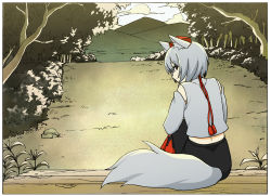 Rule 34 | 1girl, animal ears, black border, black skirt, border, closed mouth, commentary request, detached sleeves, graphite (medium), grass, grey hair, grey vest, hat, highres, inubashiri momiji, log, long sleeves, looking at viewer, looking back, makicha (sasurainopink), outdoors, red eyes, short hair, sitting, skirt, smile, solo, tail, tokin hat, touhou, traditional media, tree, vest, wolf ears, wolf tail