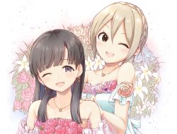 Rule 34 | 2girls, akisaka yamoka, bare shoulders, black eyes, black hair, blunt bangs, blush, bouquet, collarbone, commentary request, corsage, detached sleeves, dress, earrings, flower, flower ornament, grey eyes, grey hair, hair between eyes, idolmaster, idolmaster cinderella girls, jewelry, kobayakawa sae, long hair, looking at viewer, multiple girls, necklace, one eye closed, open mouth, parted bangs, rose, shiomi syuko, short hair, simple background, sleeveless, sleeveless dress, smile, strapless, strapless dress, upper body