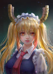 Rule 34 | 10s, 1girl, absurdres, arms at sides, ascot, black dress, blonde hair, breasts, collared shirt, dragon girl, dragon horns, dress, dress shirt, eyelashes, frilled sleeves, frills, gloves, gradient hair, hair between eyes, highres, horns, kobayashi-san chi no maidragon, long hair, looking at viewer, maid headdress, medium breasts, mu xiao tang, multicolored hair, necktie, nose, orange eyes, orange hair, parted lips, pink lips, portrait, puffy short sleeves, puffy sleeves, realistic, red necktie, shirt, short sleeves, sidelocks, sleeveless, sleeveless dress, slit pupils, smile, solo, teeth, tohru (maidragon), tsurime, twintails, upper body, white gloves, white shirt, wing collar