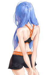 Rule 34 | 1girl, absurdres, arms behind back, bare shoulders, black shorts, black sports bra, blue hair, borrowed character, charles (106858), dimples of venus, facing away, from behind, highres, long hair, bae minah (chaesu), original, shorts, shoulder blades, simple background, solo, sports bra, white background