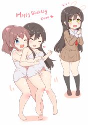 Rule 34 | 10s, 2girls, :d, ;d, ^ ^, bang dream!, bare arms, bare legs, bare shoulders, barefoot, black socks, blush, bow, breasts, brown footwear, brown hair, brown shirt, brown skirt, c8oyk, closed eyes, collarbone, commentary, dress, green eyes, grey dress, groin, hair between eyes, hair bow, hanazono tae, hands up, happy birthday, heart, high ponytail, kneehighs, lifting person, loafers, long hair, looking at viewer, medium breasts, multiple girls, no panties, one eye closed, open mouth, own hands together, pink bow, pleated skirt, ponytail, sailor collar, school uniform, serafuku, shirt, shoes, skirt, smile, socks, strapless, strapless dress, symbol-only commentary, very long hair, white sailor collar, yamabuki saya