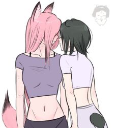 2girls alien_stage animal_ears bad_id bad_twitter_id black_hair blush commentary crop_top face-to-face fox_ears fox_girl fox_tail long_hair mizi_(alien_stage) motii mouse_ears mouse_girl mouse_tail multiple_girls navel pink_hair purple_shirt shirt short_hair short_sleeves simple_background stomach sua_(alien_stage) sweat symbol-only_commentary tail very_long_hair white_background