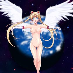 Rule 34 | 1girl, angel, angel wings, bishoujo senshi sailor moon, blush, breasts, choker, cleft of venus, female focus, gloves, highres, long hair, looking at viewer, maruze circus, medium breasts, navel, nipples, nude, open mouth, planet, pussy, red choker, sailor moon, solo, space, tsukino usagi, twintails, uncensored, very long hair, white gloves, wings