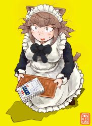 Rule 34 | 1girl, alternate costume, animal ears, apron, blush, breasts, brown eyes, brown hair, cat ears, cat tail, enmaided, eyebrows, freckles, highres, magazine (object), maid, maid apron, maid headdress, open mouth, original, san mamiya, short hair, solo, standing, sweatdrop, tail, thick eyebrows, tongue, tray