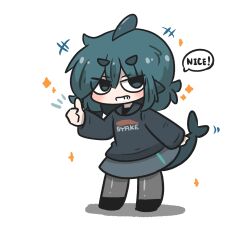 Rule 34 | +++, 1girl, black footwear, black hoodie, blue eyes, blue hair, blush, chibi, commentary request, english text, fins, fish tail, fuka-chan, full body, grey pantyhose, grey skirt, grin, hair between eyes, highres, hood, hood down, hoodie, long sleeves, looking at viewer, original, pantyhose, puffy long sleeves, puffy sleeves, shadow, shark tail, shoes, short eyebrows, simple background, skirt, smile, solo, sparkle, tail, thick eyebrows, thumbs up, uni souchou, white background