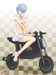 Rule 34 | 1girl, ann yosh, ayanami rei, bare legs, bare shoulders, bicycle, blue hair, breasts, checkered background, gradient background, high heels, highres, legs, looking at viewer, midriff, miniskirt, moped, motor vehicle, nail polish, navel, neon genesis evangelion, nerv, open shoes, platform footwear, platform heels, pleated skirt, red eyes, sandals, shoes, short hair, sitting, skirt, small breasts, solo, white footwear, white skirt, yamaha, yamaha bobby 2007