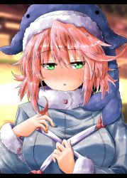 Rule 34 | 1girl, animal hat, blue hat, blush, breasts, commentary request, green eyes, hat, highres, large breasts, letterboxed, long sleeves, looking at viewer, okunoda miyoi, oshiaki, parted lips, pink hair, solo, sweatdrop, touhou, upper body, whale hat