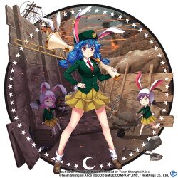 Rule 34 | 3girls, alternate costume, beret, blue hair, brown footwear, closed mouth, collared shirt, commentary, copyright name, copyright notice, crescent moon, earclip, english commentary, full body, game cg, green jacket, gun, hat, holding, holding gun, holding shovel, holding weapon, jacket, long hair, looking at viewer, low twintails, lunatic gun, medium hair, moon, multiple girls, necktie, pink hair, pleated skirt, purple hair, rabbit tail, red eyes, red necktie, rotte (1109), seiran (touhou), seiran (touhou) (eagle ravi special forces), shirt, short hair, shovel, skirt, socks, solo focus, standing, star (symbol), tail, third-party source, touhou, touhou lostword, twintails, weapon, wheelbarrow, white shirt, white socks, yellow skirt