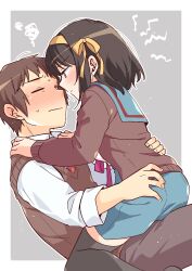 Rule 34 | 1boy, 1girl, black thighhighs, blue sailor collar, blue skirt, border, brown cardigan, brown eyes, brown hair, brown pants, brown sweater vest, cardigan, closed eyes, closed mouth, collared shirt, commentary request, facing another, grey background, hair ribbon, hairband, hetero, highres, hug, kita high school uniform, kyon, looking at another, medium hair, necktie, outside border, pants, red necktie, ribbon, sailor collar, school uniform, serafuku, shirt, short hair, simple background, sitting, sitting on lap, sitting on person, skirt, sleeves rolled up, squiggle, suzumiya haruhi, suzumiya haruhi no yuuutsu, sweater vest, taiki (6240taiki), thighhighs, white border, white shirt, winter uniform, yellow hairband, yellow ribbon