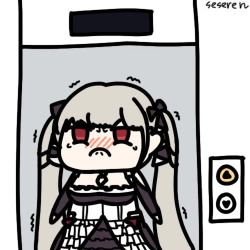 Rule 34 | 1girl, angry, animated, artist name, azur lane, black dress, blush, chibi, cowboy shot, dress, elevator, embarrassed, formidable (azur lane), frilled dress, frills, grey hair, hair ribbon, long hair, lowres, nose blush, red eyes, ribbon, seseren, signature, solo, standing, tears, trembling, twintails, two-tone dress, ugoira, very long hair, video, weight conscious, white background, x