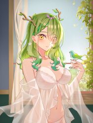 Rule 34 | 1girl, animal, antlers, babydoll, bird, bird on hand, branch, breasts, ceres fauna, collarbone, curtains, flower, green hair, hair flower, hair ornament, highres, hololive, hololive english, horns, large breasts, leaf, lingerie, long hair, looking at viewer, mole, mole under eye, navel, panties, parted lips, see-through, see-through sleeves, shirase rin, smile, solo, stomach, underwear, virtual youtuber, wavy hair, white babydoll, white flower, white panties, window, yellow eyes