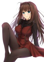 Rule 34 | 1girl, aozaki aoko, black sweater, blue eyes, blush, brown hair, brown pantyhose, closed mouth, commission, dress, hair intakes, highres, invisible chair, long hair, long sleeves, mahou tsukai no yoru, no shoes, pantyhose, red dress, simple background, sitting, skeb commission, smile, solo, sweater, toomishou, turtleneck, turtleneck sweater, white background