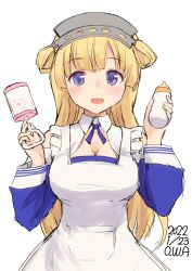Rule 34 | 1girl, apron, artist name, baby bottle, blonde hair, blue shirt, bottle, breasts, cleavage, commentary request, dated, double bun, fletcher (kancolle), hair bun, hairband, highres, holding, kantai collection, large breasts, long hair, looking at viewer, one-hour drawing challenge, owa (ishtail), purple eyes, rattle, shirt, solo, white apron