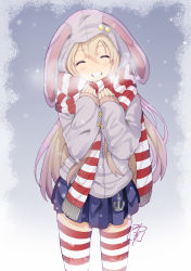 Rule 34 | 10s, 1girl, ^ ^, alternate costume, anchor, animal hood, blonde hair, blush, breath, closed eyes, coat, grin, hood, kantai collection, long hair, pleated skirt, rabbit hood, scarf, shimakaze (kancolle), signature, skindentation, skirt, sleeves past wrists, smile, solo, striped clothes, striped scarf, striped thighhighs, thighhighs, very long hair, yamasaki wataru, zettai ryouiki