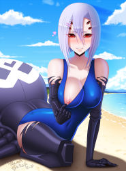 Rule 34 | 1girl, absurdres, alternate breast size, arachne, arthropod girl, artist name, bare shoulders, beach, blacksaikou, blue one-piece swimsuit, blue sky, blush, breasts, carapace, cleavage, clothes pull, cloud, collarbone, covered erect nipples, covered navel, day, extra eyes, eyes visible through hair, hair between eyes, hair ornament, hairclip, heart, highres, insect girl, large breasts, looking at viewer, medium breasts, monster girl, monster musume no iru nichijou, nipples, one-piece swimsuit, one-piece swimsuit pull, outdoors, parted lips, rachnera arachnera, red eyes, silver hair, sky, smile, solo, spider girl, swimsuit, taur