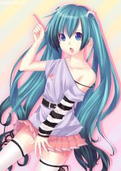 Rule 34 | &gt;:o, 1girl, :o, aqua eyes, aqua hair, bare shoulders, belt, collarbone, hatsune miku, index finger raised, long hair, miniskirt, off shoulder, open mouth, orange skirt, pleated skirt, pointing, pointing up, skirt, solo, strap slip, striped clothes, striped skirt, thighhighs, twintails, v-shaped eyebrows, very long hair, vocaloid, watashishi