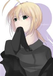 Rule 34 | absurdres, ahoge, artoria pendragon (all), artoria pendragon (fate), blonde hair, blush, character name, dressing, fate/stay night, fate (series), formal, green hair, highres, mouth hold, necktie, ponytail, saber (fate), short hair, solo, timins, white background