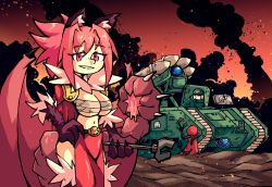 Rule 34 | 1boy, 1girl, animal ear fluff, animal ears, animal hands, artist request, bandages, bat wings, breasts, claws, cleavage, highres, large breasts, looking at viewer, manticore (monster girl encyclopedia), midriff, military, military vehicle, missile, monster girl, monster girl encyclopedia, motor vehicle, pink eyes, pink hair, setz, tail, tank, thighs, tools, underboob, warhammer 40k, wings, wrench