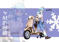 Rule 34 | 1girl, adapted costume, alternate hairstyle, artist name, blue hair, blue skirt, blush, breasts, brown footwear, character name, collared shirt, commentary, english commentary, high heels, hololive, large breasts, looking to the side, minxei, motor vehicle, paid reward available, scooter, shirt, shirt tucked in, skirt, smile, solo, vehicle focus, vespa, virtual youtuber, white shirt, yellow eyes, yukihana lamy