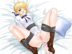 Rule 34 | 00s, 1girl, artoria pendragon (all), artoria pendragon (fate), bdsm, bed, belt, blonde hair, blouse, blush, bondage, boots, bottomless, bound, censored, enema, fate/stay night, fate (series), frogtie, green eyes, one eye closed, pussy, renshiki aria (arikore), saber (fate), shirt, solo, spread legs, wink