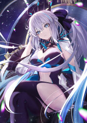 Rule 34 | 1girl, black bow, black dress, black thighhighs, blue eyes, bow, braid, breasts, center opening, cleavage, crossed legs, dress, fate/grand order, fate (series), french braid, grey hair, hair bow, large breasts, long hair, long sleeves, looking at viewer, morgan le fay (fate), neko daruma, ponytail, sidelocks, sitting, solo, thighhighs, thighs, tiara, two-tone dress, very long hair, white dress, wide sleeves