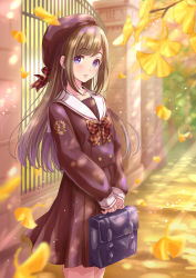 Rule 34 | 1girl, bad id, bad pixiv id, bag, beret, black shirt, blouse, blue eyes, blurry, bokeh, briefcase, brown hair, brown skirt, buttons, cowboy shot, day, depth of field, double-breasted, falling leaves, gate, ginkgo leaf, hat, holding, holding bag, leaf, logo, long hair, long sleeves, looking at viewer, looking to the side, original, outdoors, parted lips, petals, pleated skirt, school uniform, serafuku, shirt, skirt, solo, standing, yuuki (yukinko-02727)