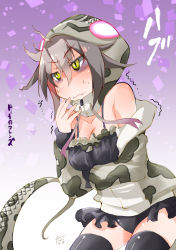 Rule 34 | 1girl, ahoge, arm under breasts, bare shoulders, bra, breasts, chiki yuuko, cleavage, closed mouth, copyright name, detached hood, fang, fang out, gloom (expression), green eyes, grey hair, hair between eyes, hand to own mouth, hand up, hood, hood up, jacket, kemono friends, leaning forward, long sleeves, medium breasts, microskirt, multicolored hair, off shoulder, okinawa habu (kemono friends), panties, red hair, skirt, slit pupils, snake print, snake tail, solo, sweat, tail, thighhighs, trembling, turn pale, two-tone hair, underwear, zipper, zipper pull tab