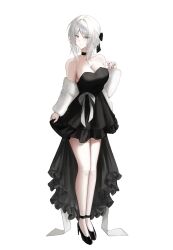 1girl black_bow black_choker black_dress black_footwear bow breasts choker cleavage dress eonyan_(chaeyang) faust_(project_moon) frilled_dress frills hair_bow hand_up high_heels highres jacket large_breasts limbus_company project_moon ribbon shoes short_hair solo strapless strapless_dress waist_ribbon white_hair white_jacket white_ribbon