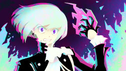 Rule 34 | 1boy, absurdres, black jacket, chromatic aberration, clenched teeth, commentary, earrings, english commentary, fire, gloves, green hair, half gloves, highres, jacket, jewelry, koffo-art, lio fotia, male focus, pink fire, promare, purple eyes, pyrokinesis, solo, teeth