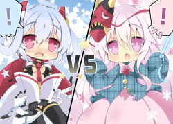 Rule 34 | !, 2girls, ahoge, blush, breasts, cleavage, crossover, edea cluster, hair ornament, hata no kokoro, holding, long hair, mask, matoi (pso2), milkpanda, multiple girls, oni mask, open mouth, phantasy star, phantasy star online 2, pink eyes, pink hair, plaid, plaid shirt, red eyes, shirt, small breasts, spoken exclamation mark, staff, surprised, touhou, vs, white hair