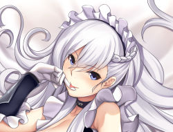 Rule 34 | 1girl, ass, azur lane, bed, bed sheet, belfast (azur lane), blue eyes, blush, breasts, cleavage, closed mouth, collarbone, dakimakura (medium), elbow gloves, gloves, large breasts, long hair, looking at viewer, maid, maid headdress, midriff, navel, tongue, tongue out, tony guisado, upper body, very long hair, white hair
