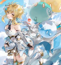 Rule 34 | 1girl, ahoge, armpit crease, balloon, black gloves, blonde hair, blue sky, blush, boots, breasts, cape, cleavage, cloud, cloudy sky, commentary, day, detached sleeves, dress, fingerless gloves, floating, flower, from side, full body, genshin impact, gloves, gold trim, hair between eyes, hair flower, hair ornament, highres, holding, holding balloon, looking at viewer, lumine (genshin impact), medium breasts, medium hair, midair, open mouth, outdoors, sidelocks, sky, slime (genshin impact), smile, solo, soraneko hino, strapless, strapless dress, thigh boots, thighhighs, thighs, white cape, white dress, white footwear, white thighhighs, wind, yellow eyes