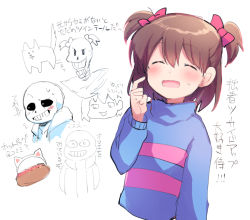 Rule 34 | 1girl, 2boys, blue sweater, blush, bow, brown hair, closed eyes, frisk (undertale), hot dog, long sleeves, multiple boys, open mouth, papyrus (undertale), pink bow, sans (undertale), short hair, simple background, smile, striped clothes, striped sweater, sweater, twintails, undertale, upper body, white background, white dog, xox xxxxxx