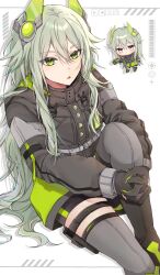 Rule 34 | 1girl, buckle, buttons, ceiling39, chibi, close game/offline (project sekai), closed mouth, commentary request, full body, gloves, green eyes, green hair, highres, interlocked fingers, knee up, korean commentary, kusanagi nene, long hair, long sleeves, looking at viewer, official alternate costume, open mouth, pause button, project sekai, purple eyes, sidelocks, sitting, snap-fit buckle, very long hair
