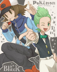 Rule 34 | 10s, 2boys, apron, bag, bow, bowtie, brown eyes, brown hair, cilan (pokemon), creatures (company), formal, game freak, green eyes, green hair, hand on own hip, hat, hilbert (pokemon), hip focus, holding, holding poke ball, jacket, jumping, long hair, lowres, male focus, multiple boys, nintendo, one eye closed, open mouth, pointing, poke ball, pokemon, pokemon bw, sasairebun, smile, traditional bowtie, wink