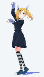 Rule 34 | 1girl, black dress, blonde hair, dated, dress, full body, hair ornament, hairclip, highres, looking at viewer, miyahara takuya, mole, mole under eye, shirobako, sleeves past wrists, solo, striped clothes, striped thighhighs, thighhighs, twintails, umamusume, yano erika