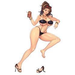 Rule 34 | 1girl, alcohol, beer, beer can, black one-piece swimsuit, blue eyes, blush, breasts, brown hair, c.honey, can, cooler, drink can, eyewear on head, feet, food, full body, game cg, highres, huge breasts, ice, last origin, lumberjane (last origin), meat, mole, mole under eye, navel, nipples, official art, one-piece swimsuit, open mouth, palm leaf, picnic, plate, ponytail, sandals, single sandal, sitting, slingshot swimsuit, smile, solo, sunglasses, swimsuit, tachi-e, thighs, towel, transparent background