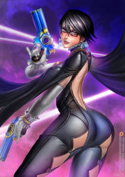 Rule 34 | 1girl, ass, backless outfit, badcompzero, bare back, bayonetta, bayonetta, bayonetta (series), bayonetta 2, black hair, breasts, dual wielding, earrings, elbow gloves, glasses, gloves, gun, handgun, holding, jewelry, light smile, lips, looking at viewer, mole, mole under mouth, pistol, short hair, solo, thighs, weapon, white gloves
