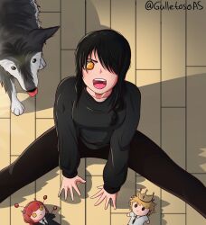 Rule 34 | 1girl, absurdres, alternate breast size, black hair, black pants, black sweater, braid, chainsaw man, character doll, denji (chainsaw man), dog, doll, galletosoas, hair over one eye, highres, husky, looking at viewer, looking up, makima (chainsaw man), nayuta (chainsaw man), open mouth, pants, pin, pov, red pupils, ringed eyes, sidelocks, single braid, stuffed toy, sweater, teeth, tongue, tongue out, upper teeth only, voodoo doll, yellow eyes