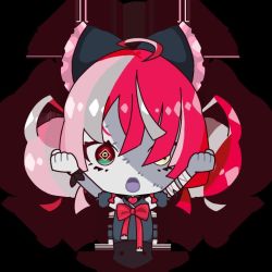 Rule 34 | 1girl, :o, ahoge, bandaged arm, bandages, black bow, black dress, bow, chibi, clenched hands, double bun, dress, grey hair, hair bow, hair bun, heterochromia, hololive, hololive indonesia, kureiji ollie, kureiji ollie (artist), multicolored hair, open mouth, pink hair, red bow, red eyes, red hair, solo, stitched face, stitches, symbol-shaped pupils, torn clothes, torn dress, virtual youtuber, yellow eyes, zombie