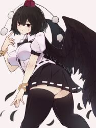 Rule 34 | 1girl, ass, black eyes, black feathers, black hair, black skirt, black thighhighs, black wings, bracelet, breasts, closed mouth, cowboy shot, feathered wings, feathers, hat, highres, jewelry, large breasts, looking at viewer, shameimaru aya, shirt, short sleeves, simple background, skirt, solo, sweatdrop, thighhighs, touhou, white shirt, wings, yonaga san