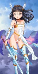 Rule 34 | armor, bandeau, black hair, blue hair, blue ribbon, blue sky, blush, clothing aside, commentary request, eiyuu senki, eiyuu senki ww, feathered wings, flat chest, floating hair, gauntlets, gluteal fold, gold choker, greaves, grey eyes, head wings, headgear, highres, holding, holding sword, holding weapon, light smile, long hair, looking at viewer, low wings, multicolored hair, pelvic curtain, pelvic curtain aside, revealing clothes, ribbon, ribs, rossweisse (eiyuu senki), sky, sword, tiara, two-tone hair, ura (mabutawo), wavy hair, weapon, wind, wings