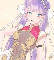 Rule 34 | 1girl, armlet, aym sleepy, blue eyes, blunt bangs, bow, breasts, cleavage, dutch angle, earrings, fate/grand order, fate (series), floral print, gloves, grin, hair bow, hair bun, hair ornament, hair ribbon, hand on own hip, jewelry, long hair, looking at viewer, martha (fate), martha (traveling outfit) (fate), medium breasts, navel, purple hair, ribbon, see-through, single hair bun, smile, solo, twintails, upper body, very long hair, white bow, white gloves, white ribbon