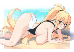 Rule 34 | all fours, ass, beach, blonde hair, blue eyes, breasts, breasts out, competition swimsuit, fate/grand order, fate (series), glasses, jeanne d&#039;arc (fate), jeanne d&#039;arc (ruler) (fate), jeanne d&#039;arc (swimsuit archer) (fate), large breasts, long hair, one-piece swimsuit, ponytail, swimsuit, zourion