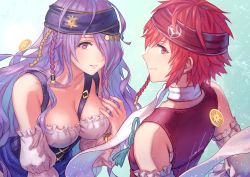 Rule 34 | 2girls, alternate costume, anbe yoshirou, braid, breasts, camilla (fire emblem), cleavage, coin, female focus, fire emblem, fire emblem fates, fire emblem heroes, hair over one eye, headband, highres, hinoka (fire emblem), looking at viewer, matching hair/eyes, multiple girls, nintendo, official alternate costume, purple eyes, purple hair, red eyes, red hair, scarf, short hair, smile, upper body, white scarf
