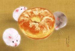 Rule 34 | animal, animal focus, doughnut, faux traditional media, food, hamster, highres, original, otamashimai