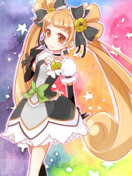 Rule 34 | 1girl, adapted costume, alternate color, black gloves, black neckwear, bow, brooch, brown eyes, brown hair, choker, cure rosetta, dokidoki! precure, double bun, earrings, elbow gloves, eyelashes, flower, gloves, hair bun, hair flower, hair ornament, heart, heart brooch, jewelry, long hair, magical girl, precure, ribbon, rose, skirt, smile, solo, tama (miloque), twintails, waist bow, wrist cuffs, yotsuba alice