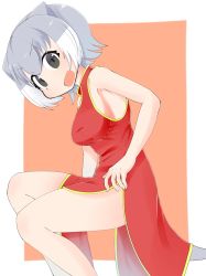 Rule 34 | 10s, 1girl, alternate costume, animal ears, bare arms, bare legs, bare shoulders, china dress, chinese clothes, cowboy shot, dress, grey hair, highres, kemono friends, menturm1120, multicolored hair, otter ears, otter tail, short hair, sitting, small-clawed otter (kemono friends), solo, tail, white hair