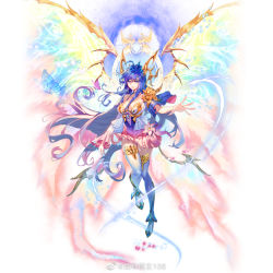 Rule 34 | 1girl, artist request, asymmetrical sleeves, blue hair, bug, butterfly, douluo dalu, dragon wings, dress, glowing, glowing wings, high heels, insect, long hair, multicolored clothes, multicolored dress, outstretched hand, smile, sprite, strapless, strapless dress, tang wutong (douluo dalu), thighhighs, third-party source, white background, wings